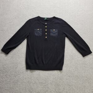 Lauren Ralph Lauren 3/4 Sleeve Black Ribbed Button Blouse Women’s Small